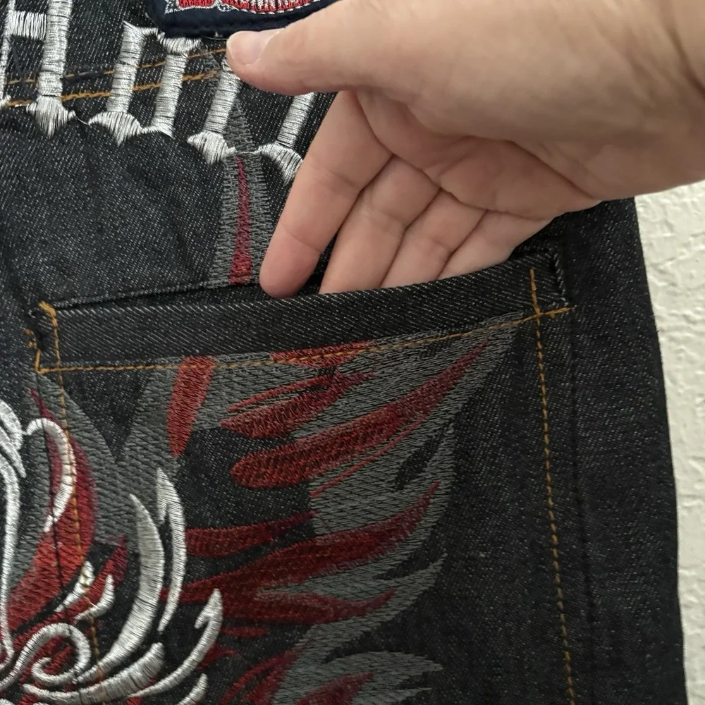Vintage New Crown Holder Mens embroidered Jeans 32x32 Y2K Hip Hop Dark Wash